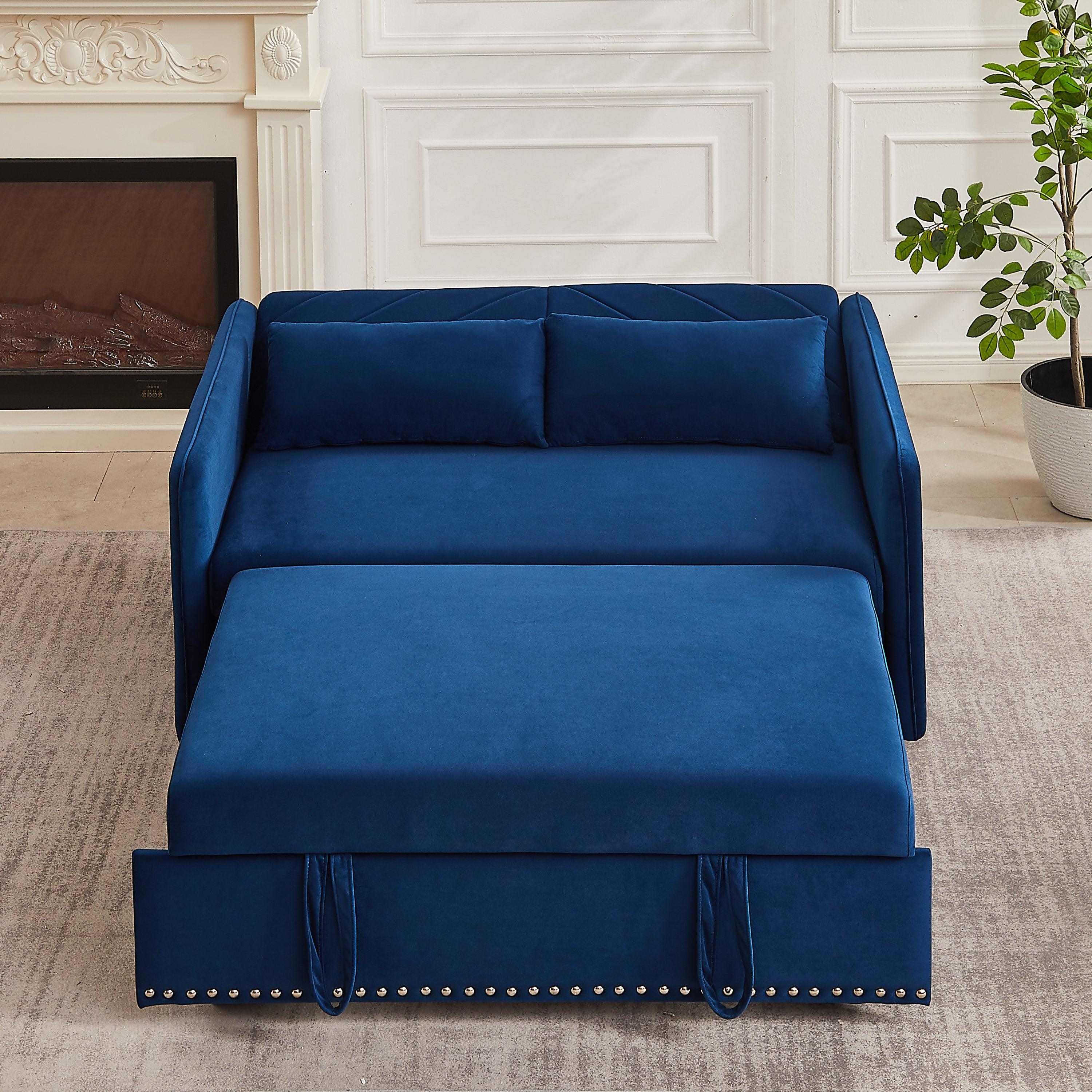 🆓🚛 3-in-1 Adjustable Sleeper Sofa Pull-Out Bed W/Usb Port, 2 Lumbar Pillows & Side Pocket, Blue