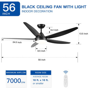 56 In Intergrated LED Ceiling Fan Lighting With Black ABS Blade LamCham