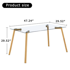 Glass dining table modern minimalist rectangle, 4-6, 0.31 "tempered glass tabletop with wooden coated metal legs, writing desk, suitable for kitchens, restaurants, and living rooms, 47" W x 31"D x 30"