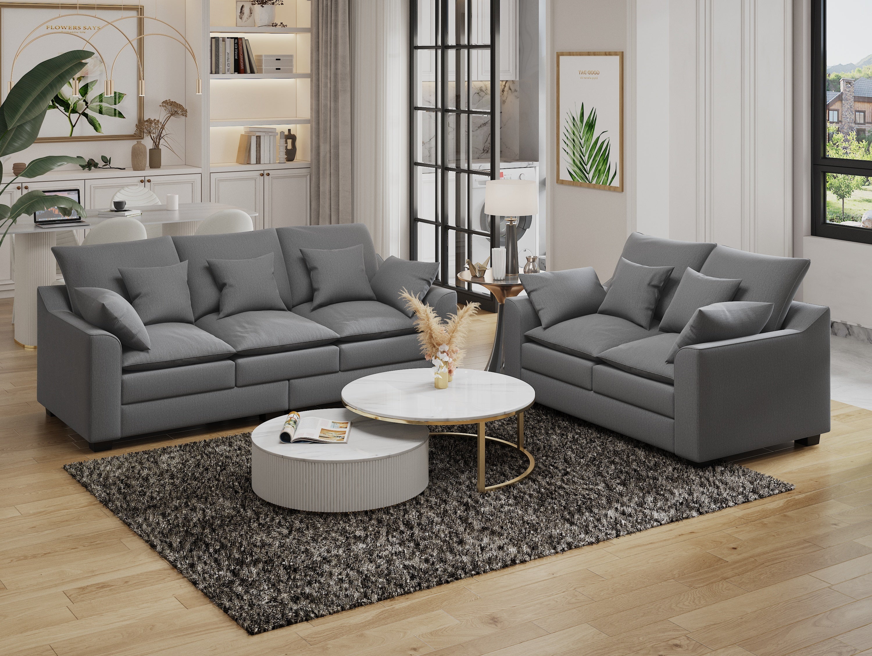 2 Pieces Sofa Couch 3-Seater and Loveseat With Pillows Polyester Upholstered Duck Down Filled Cushion Sofa Set for Living Room Apartment, Gray