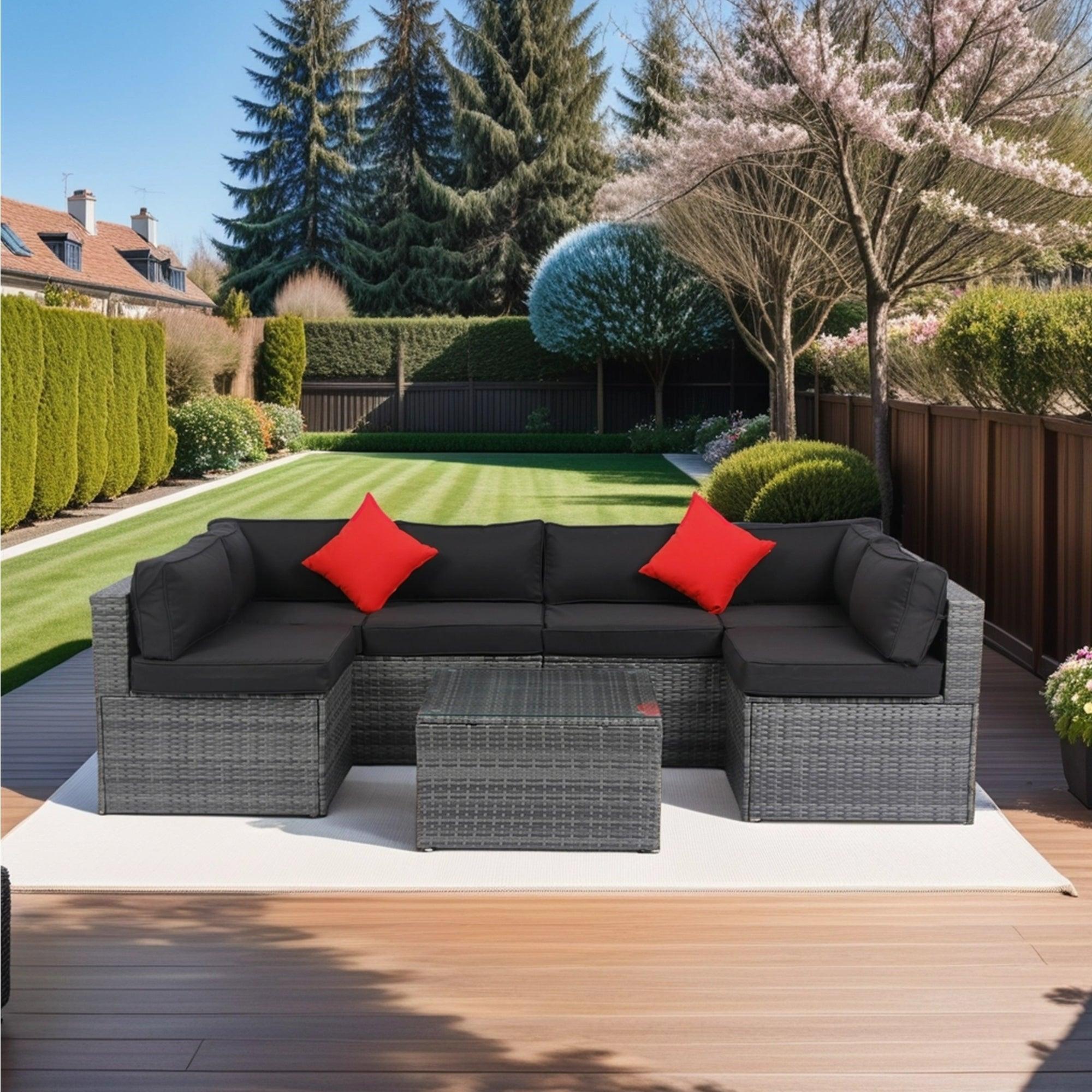 🆓🚛 5 Pieces PE Rattan sectional Outdoor Furniture Cushioned U Sofa set with 2 Pillow Grey wicker + Black Cushion