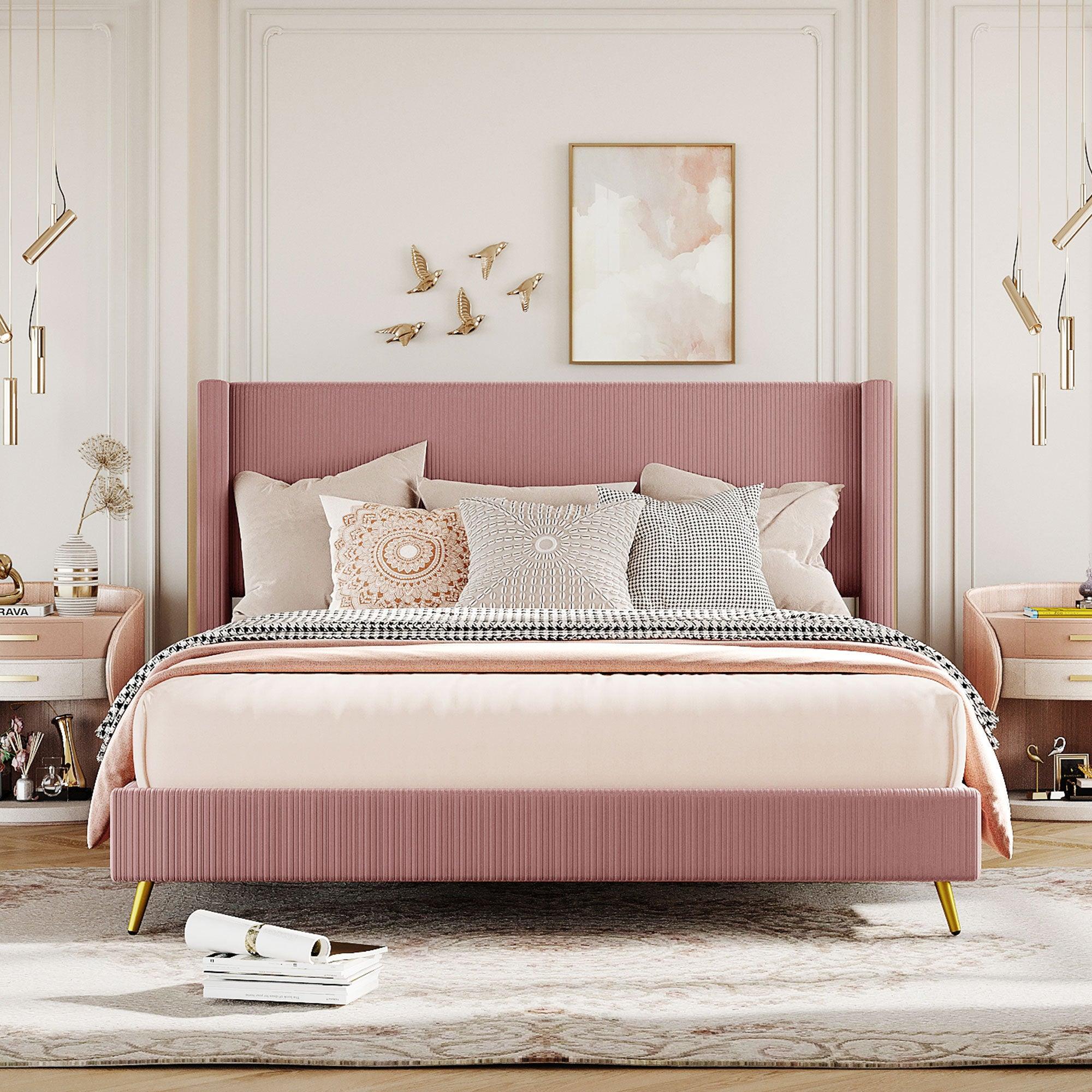 🆓🚛 Queen Size Corduroy Platform Bed With Metal Legs, Pink