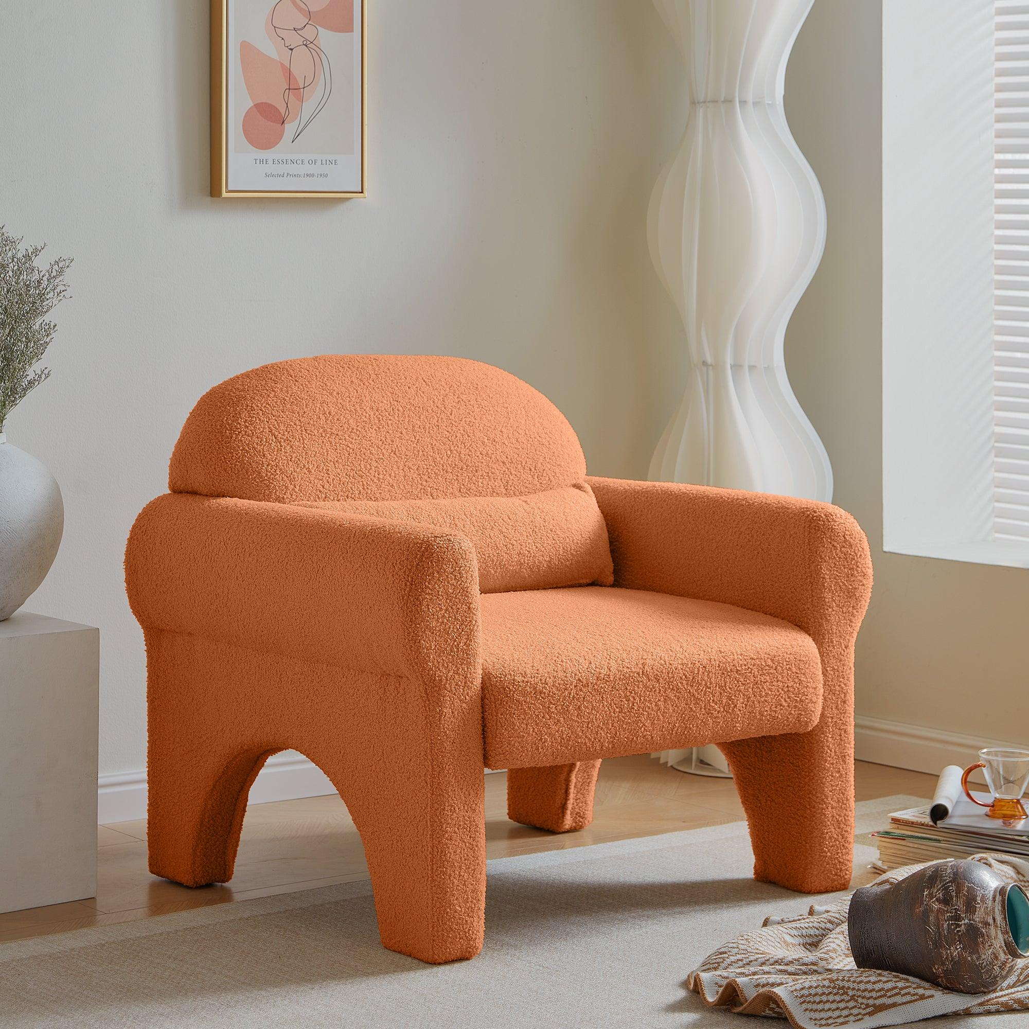 🆓🚛 Modern Teddy Fabric Accent Chair With Lumbar Pillow for Living Room, Orange