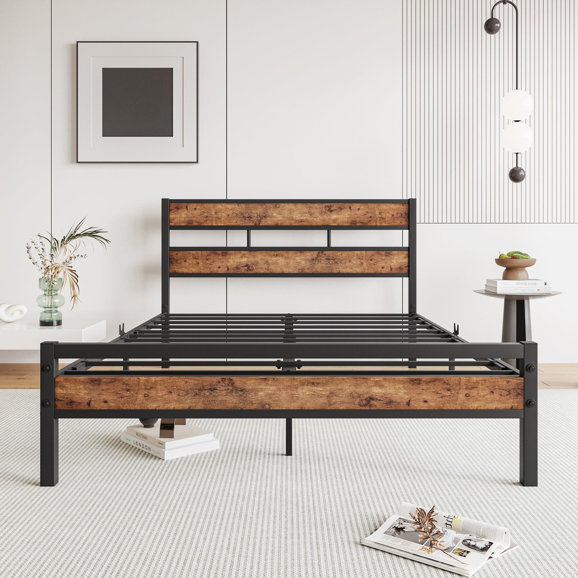 🆓🚛 Full Size Platform Bed Frame With Rustic Vintage Wood Headboard, Strong Metal Slats Support, No Box Spring Needed