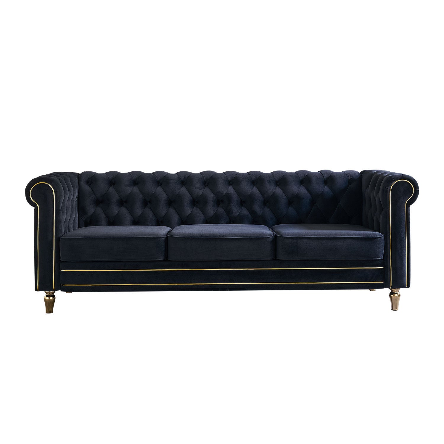 🆓🚛 84.65" Chesterfield Velvet Sofa for Living Room, Black