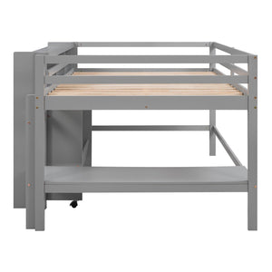 Full Size Low Loft Bed with Rolling Portable Desk, Drawers and Shelves, Gray