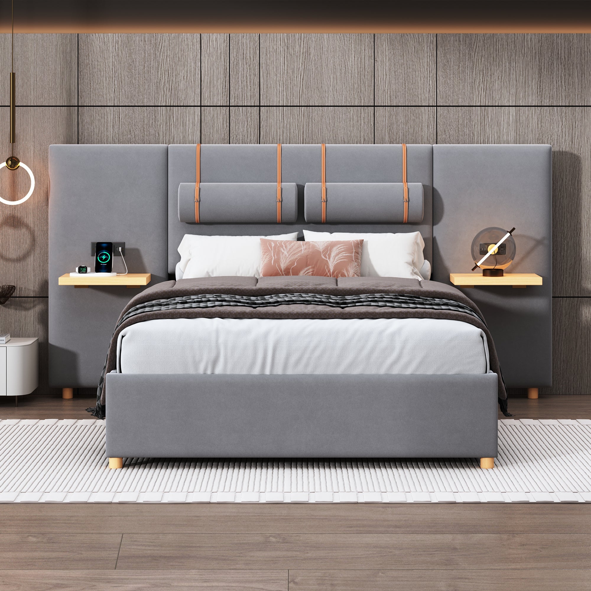 Full Size Upholstered Platform Bed With Two Outlets and USB Charging Ports on Both Sides, Two Bedside Pillows, Storage Shelf, Velvet, Gray