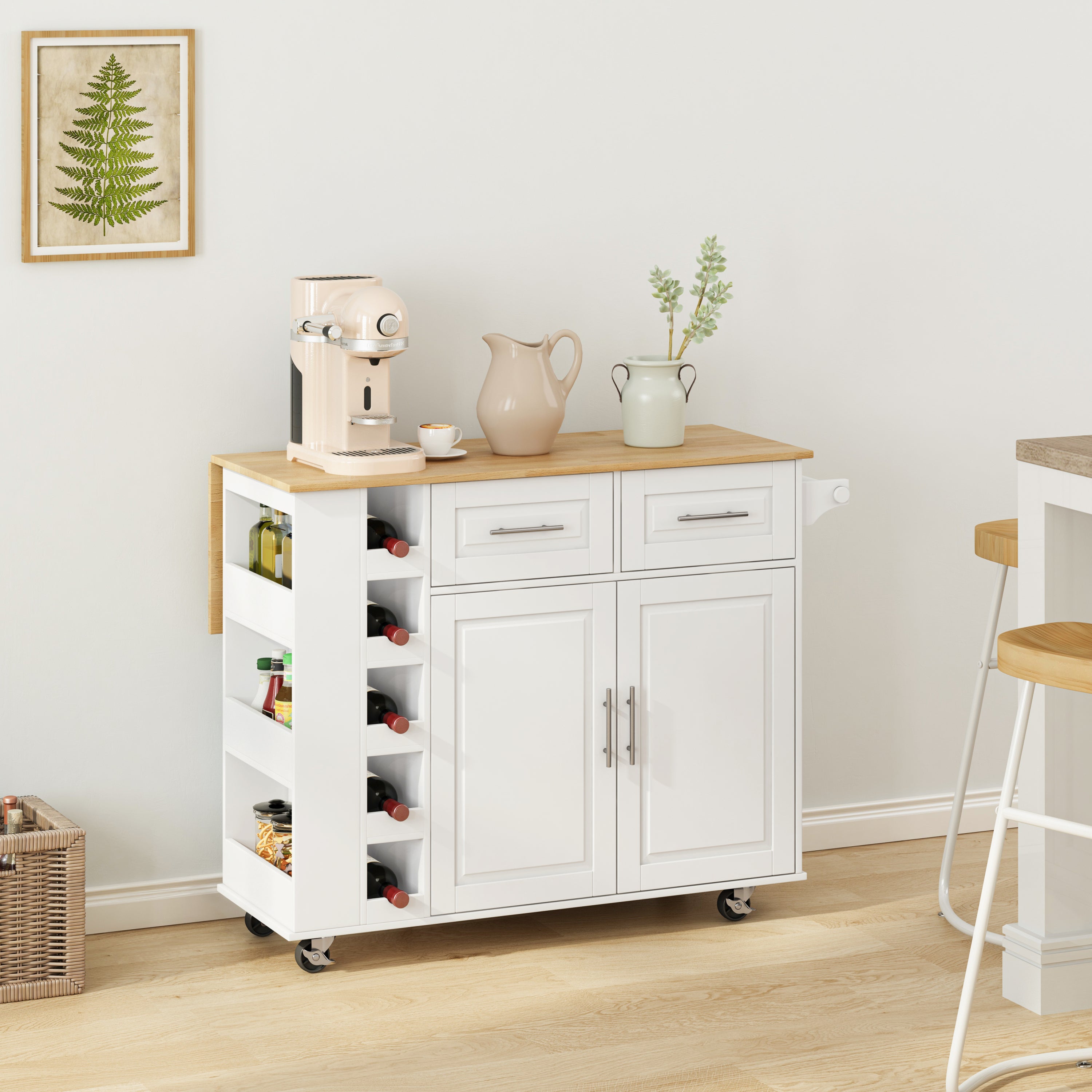 🆓🚛 Multi-Functional Kitchen Island Cart, 2 Door Cabinet & 2 Drawers, Spice Rack, Towel Holder, Wine Rack, Foldable Rubberwood Table Top, White