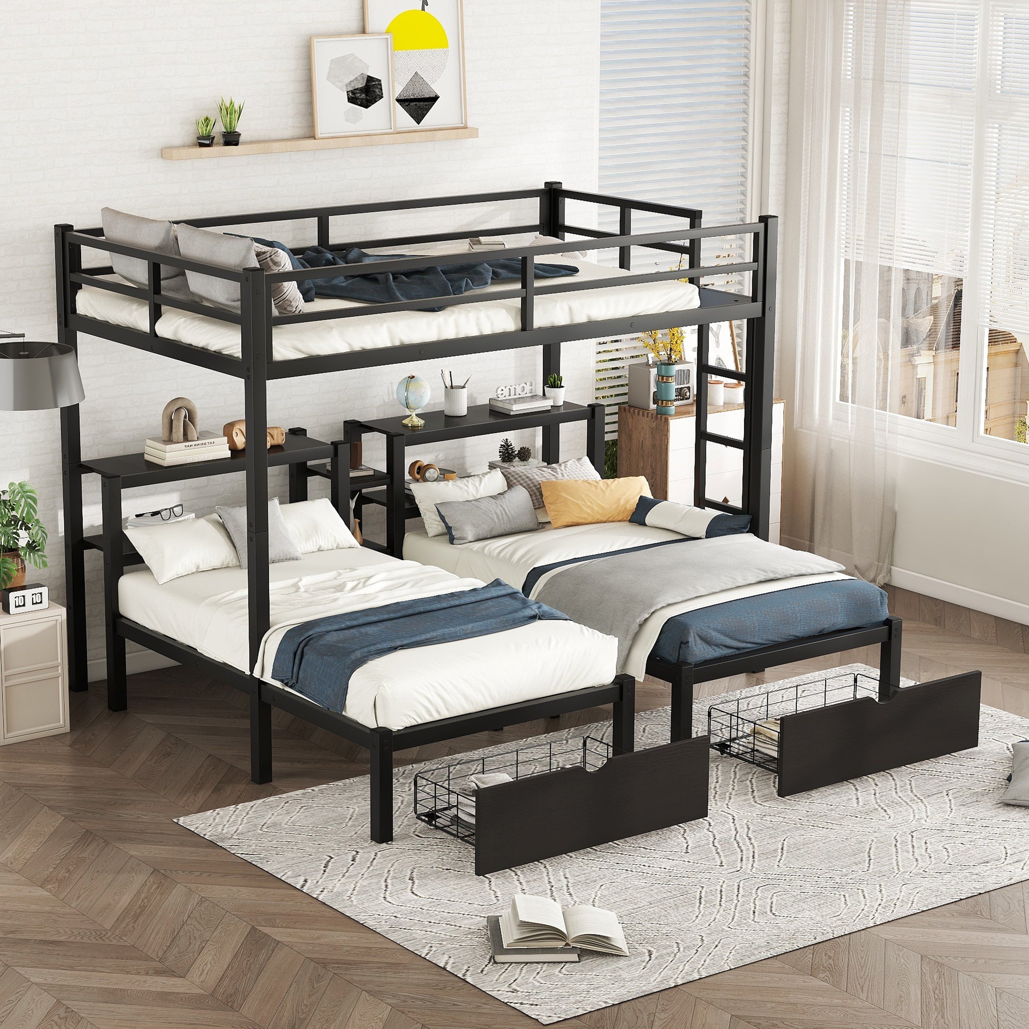 Full Xl Over Twin & Twin Triple Bunk Bed With Drawers, Multi-Functional Metal Frame Bed, Bed Head With Shelving, Black