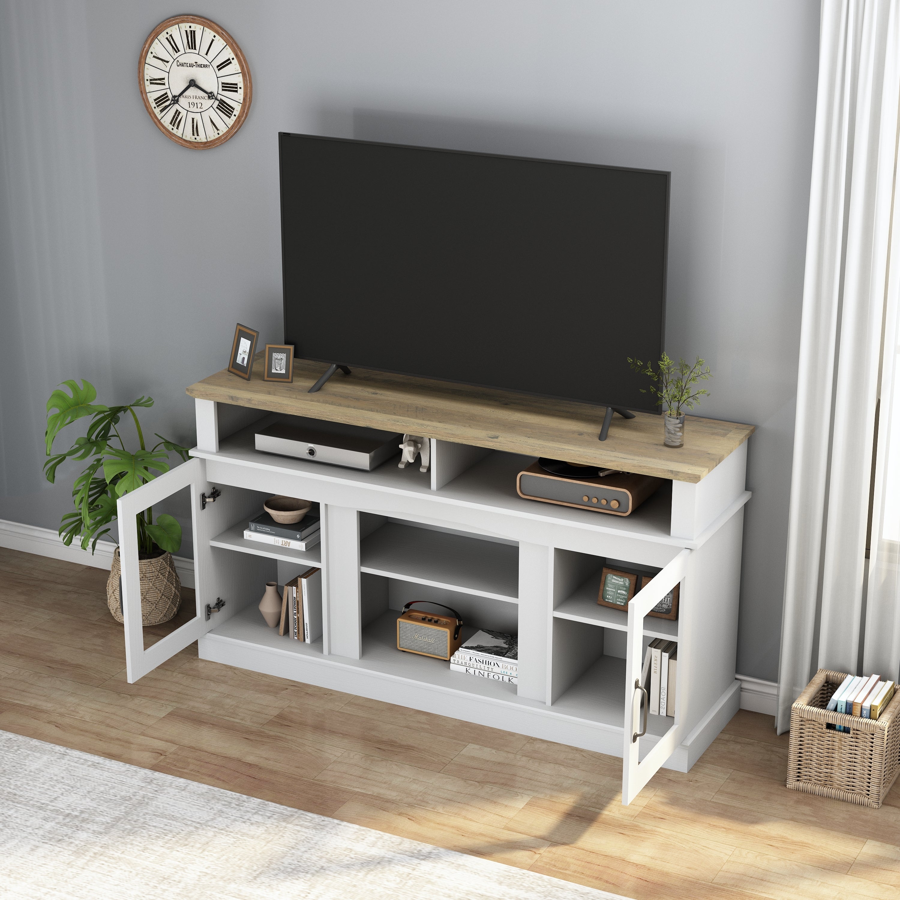 58 Inch TV Stand with Storage Cabinet and Shelves, TV Console Table Entertainment Center for Living Room, Bedroom