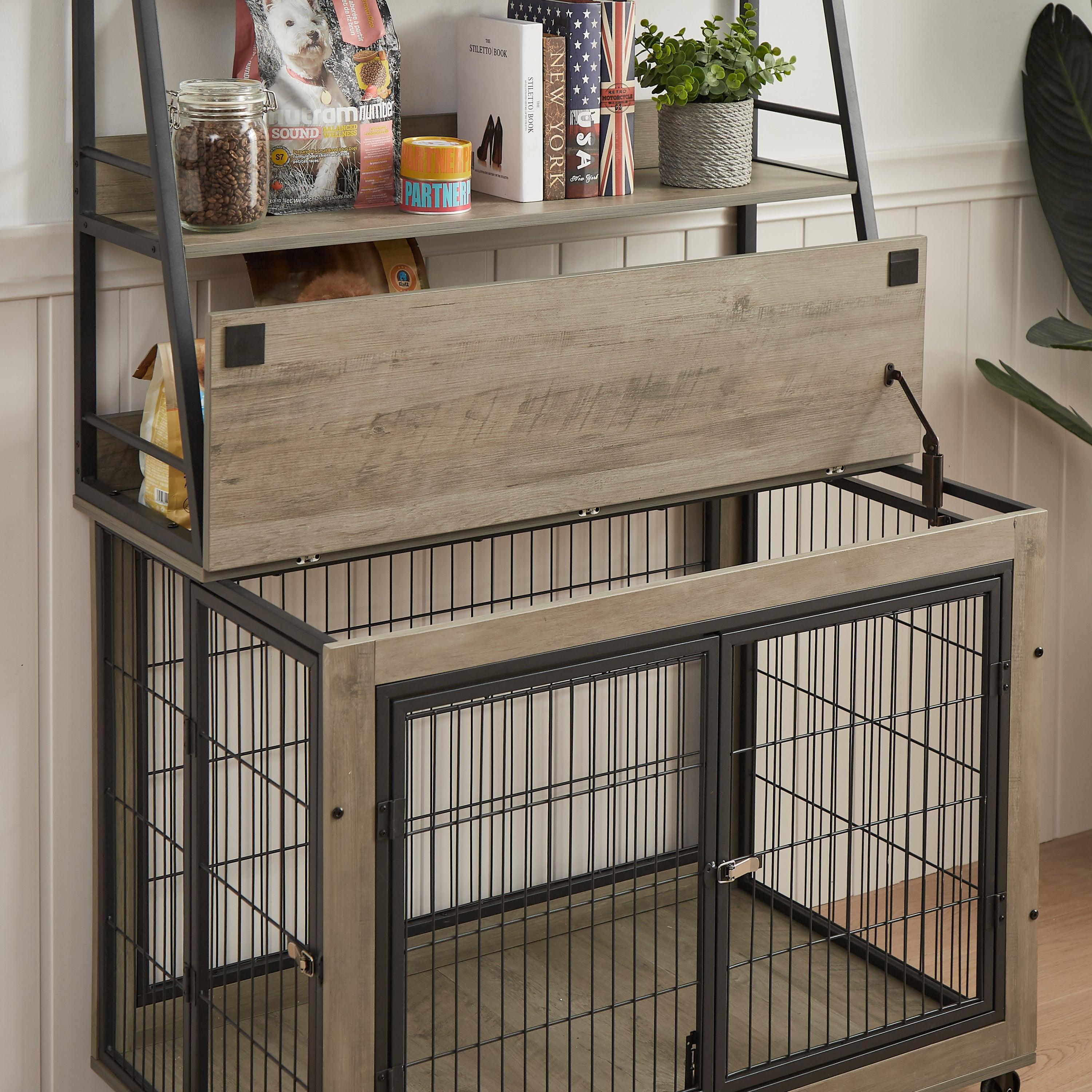 Furniture Style Dog Crate Side Table With Shelves, Equipped With Double Doors And A Raised Roof. Grey, 38.58 ''W X 25.5 ''D X 57 ''H