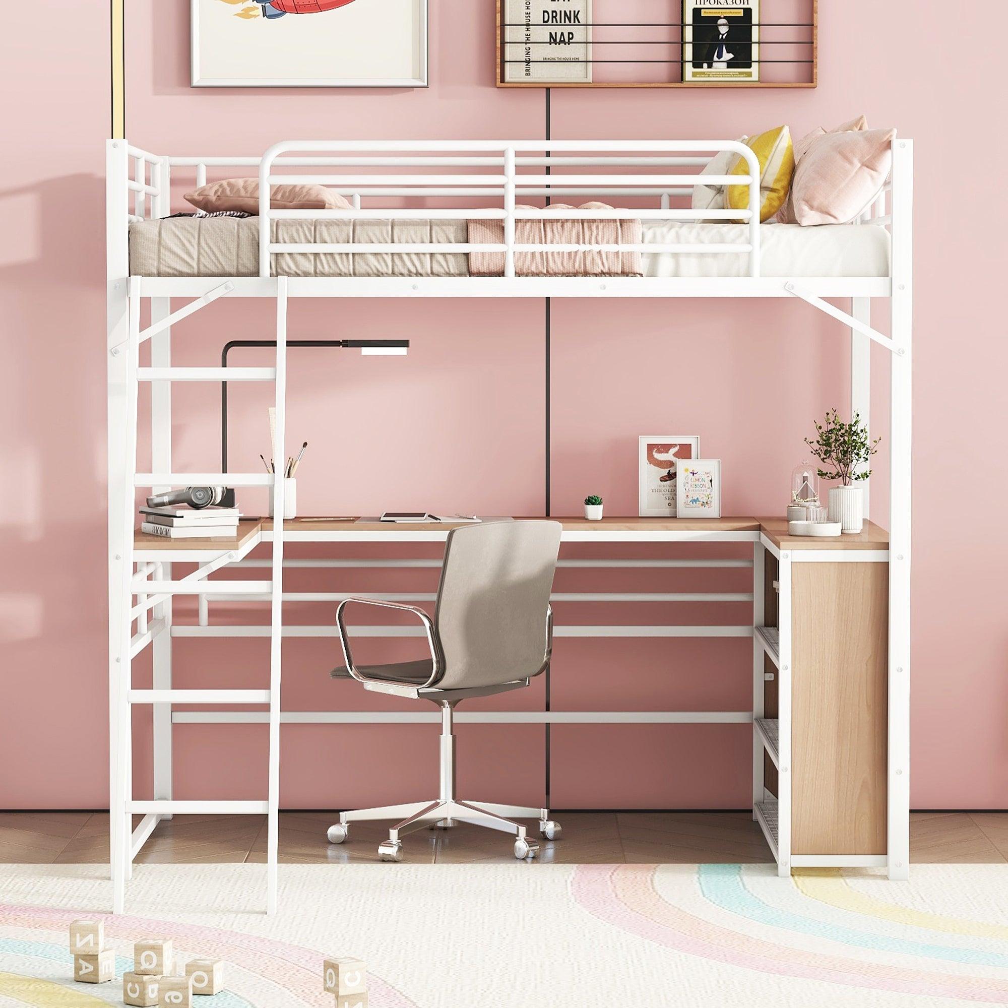 🆓🚛 Twin Size Metal Loft Bed With 3 Layers Of Shelves & L-Shaped Desk, White