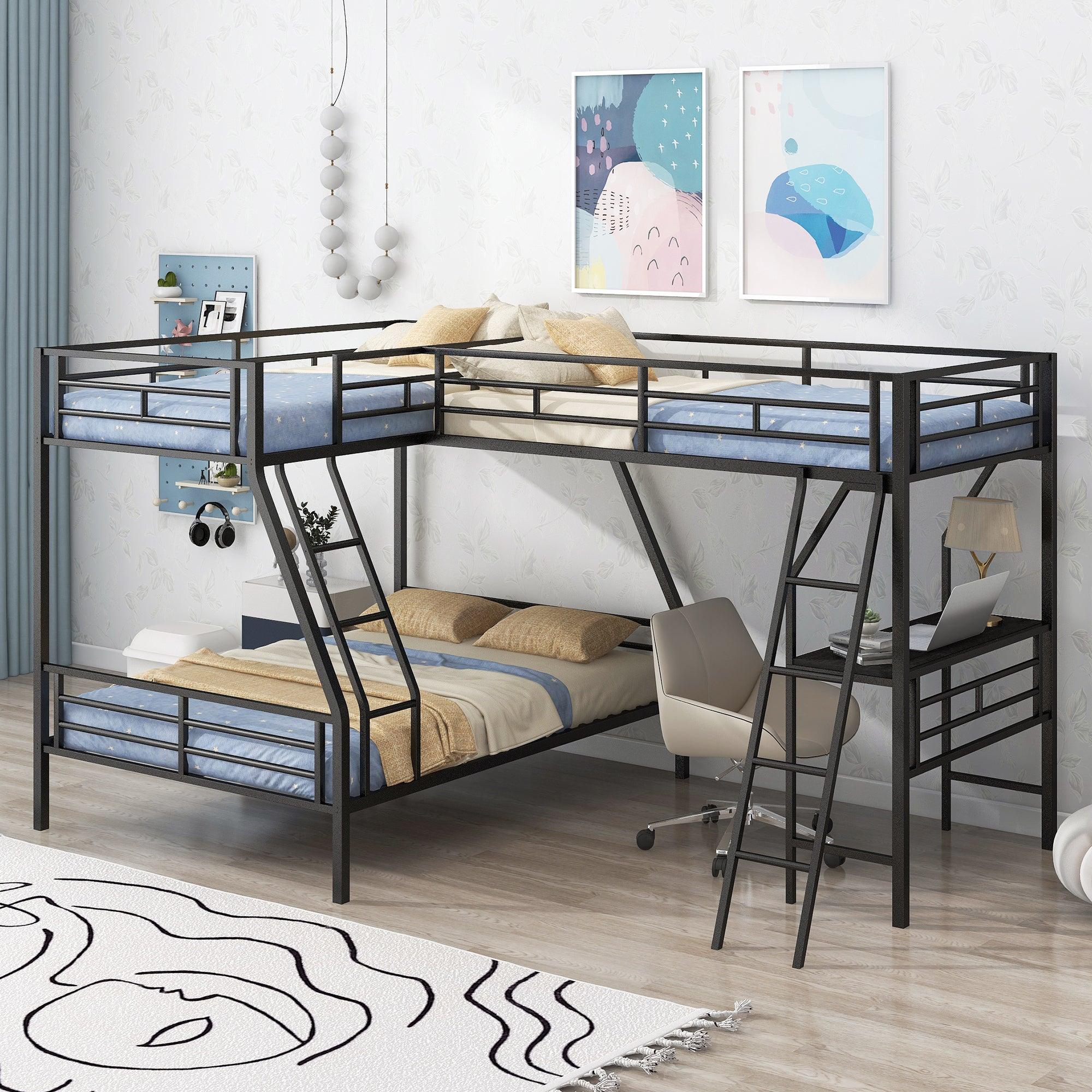🆓🚛 Twin Over Full Bunk Bed With a Twin Size Loft Bed Attached, With a Desk, Metal, Black