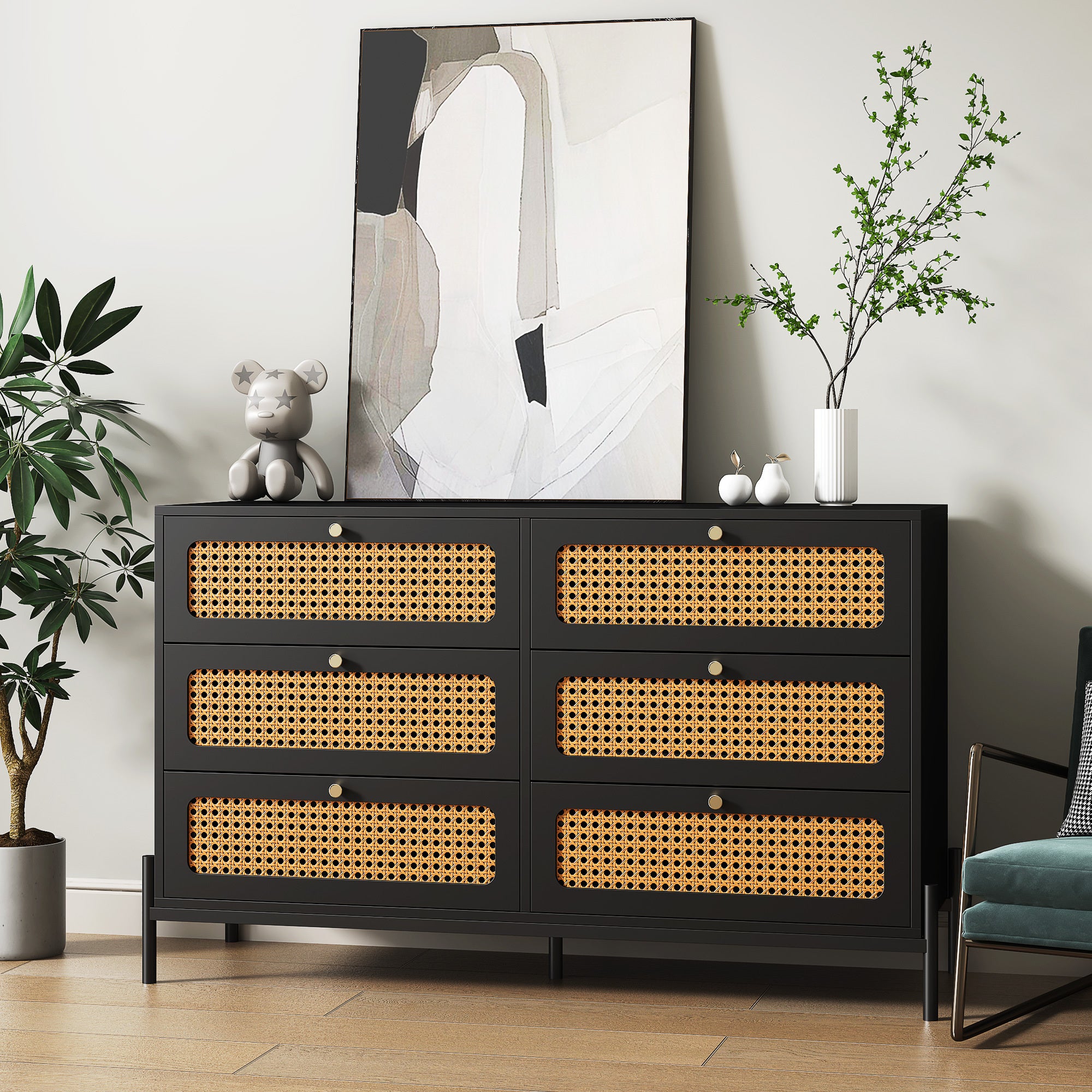 🆓🚛 Rattan 6-Drawer Storage Cabinet, Rattan Dresser Cabinet, Suitable for Bedroom & Living Room