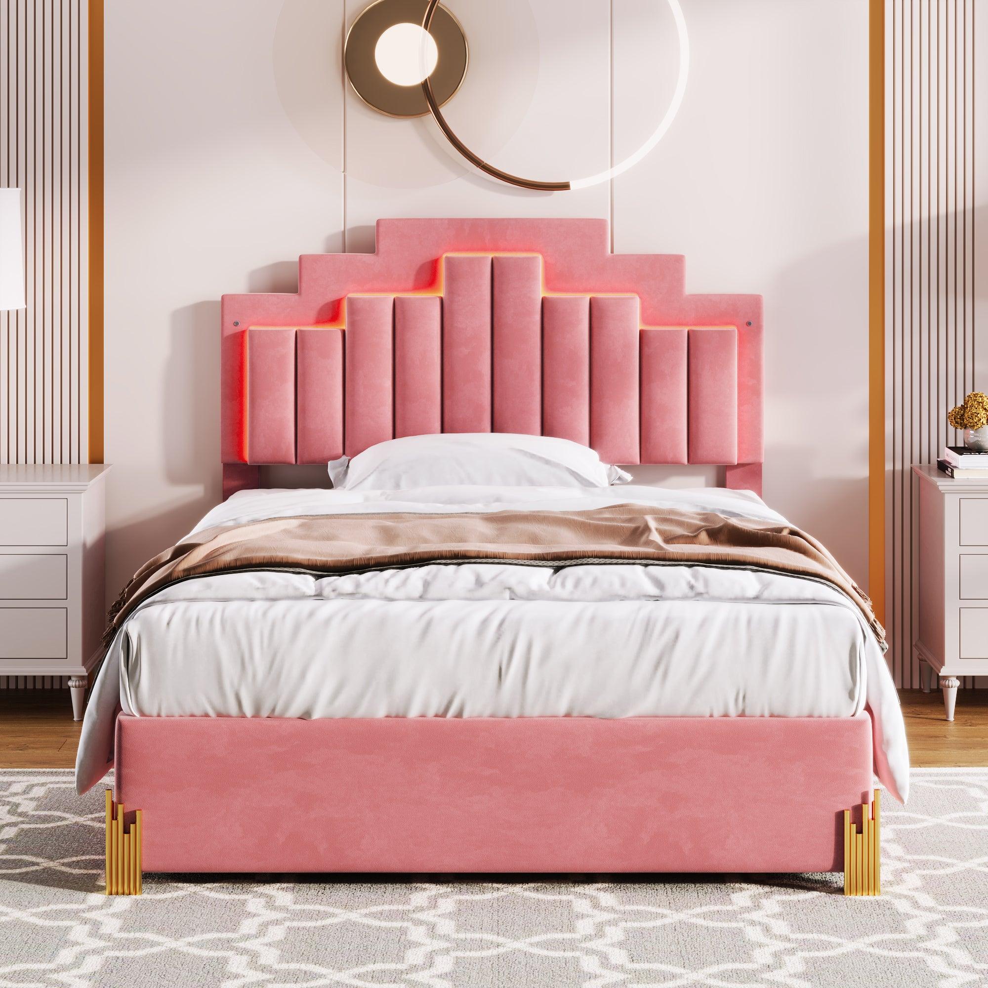 Full Size Upholstered Platform Bed with LED Lights and 4 Drawers, Stylish Irregular Metal Bed Legs Design, Pink