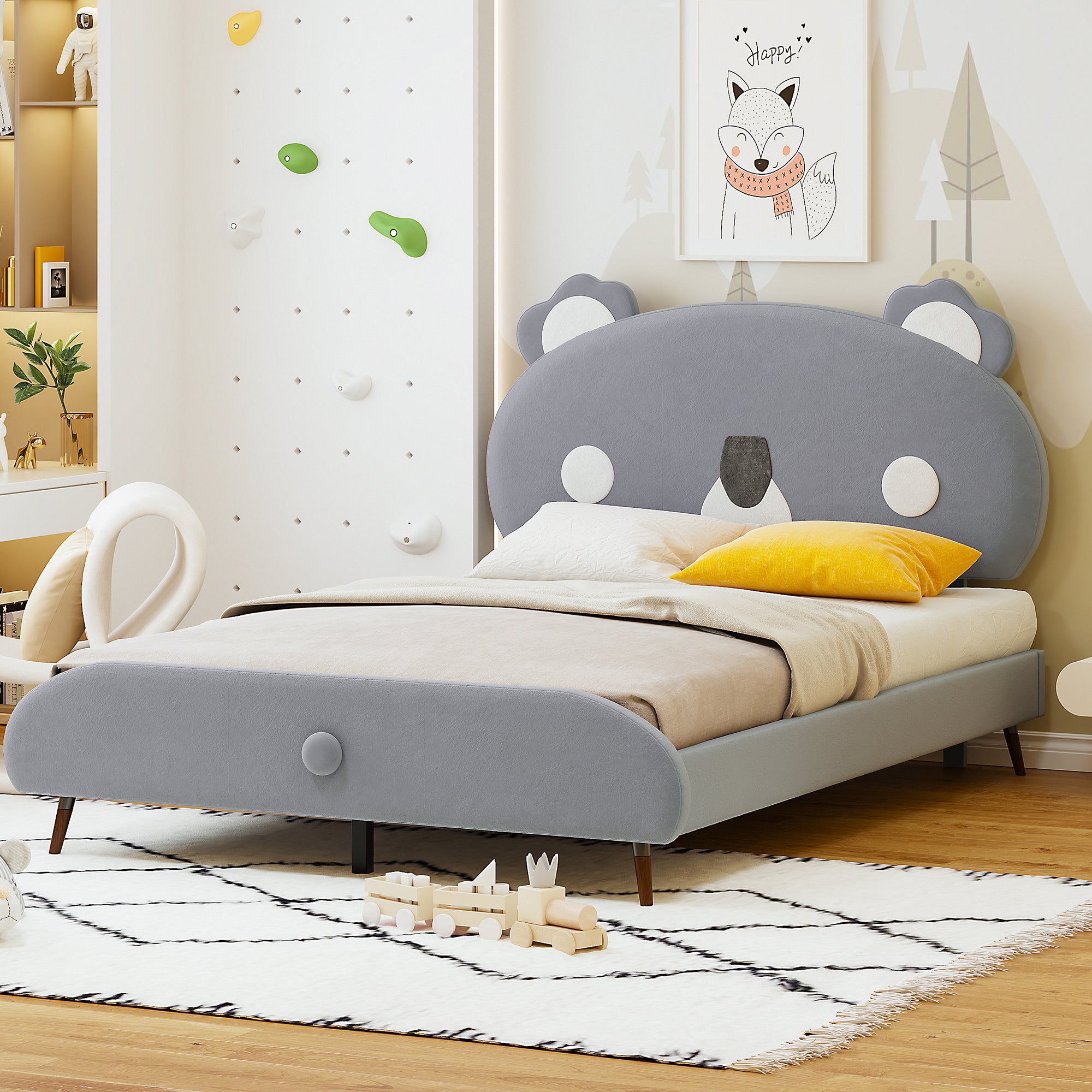 🆓🚛 Full Size Upholstered Platform Bed With Koala-Shaped Headboard, Gray