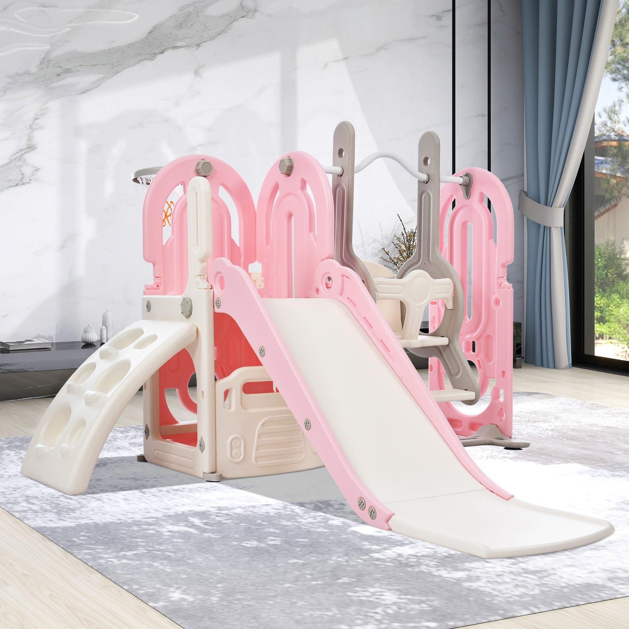 🆓🚛 Toddler Slide & Swing Set 5 in 1, Kids Playground Climber Slide Playset With Basketball Hoop Freestanding Combination for Babies Indoor & Outdoor, Pink & Gray