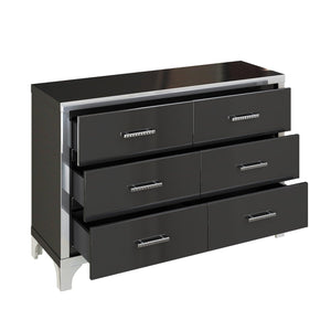 Elegant High Gloss Dresser with Metal Handle, Mirrored Storage Cabinet with 6 Drawers for Bedroom, Living Room, Black