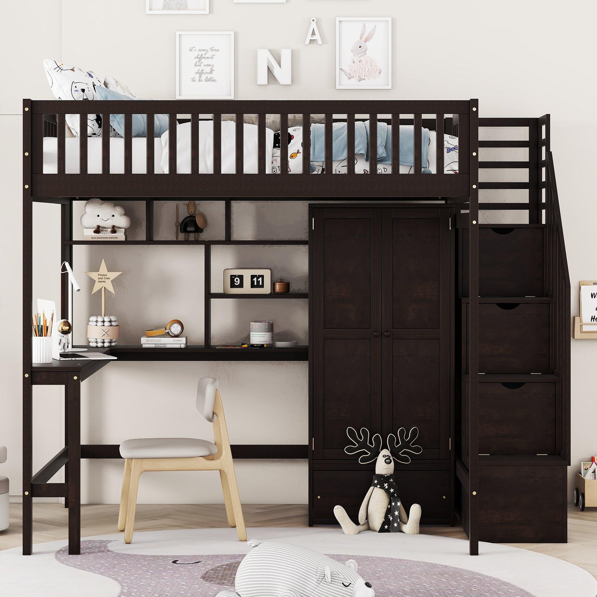 🆓🚛 Full Size Loft Bed With Bookshelf, Drawers, Desk, & Wardrobe-Espresso