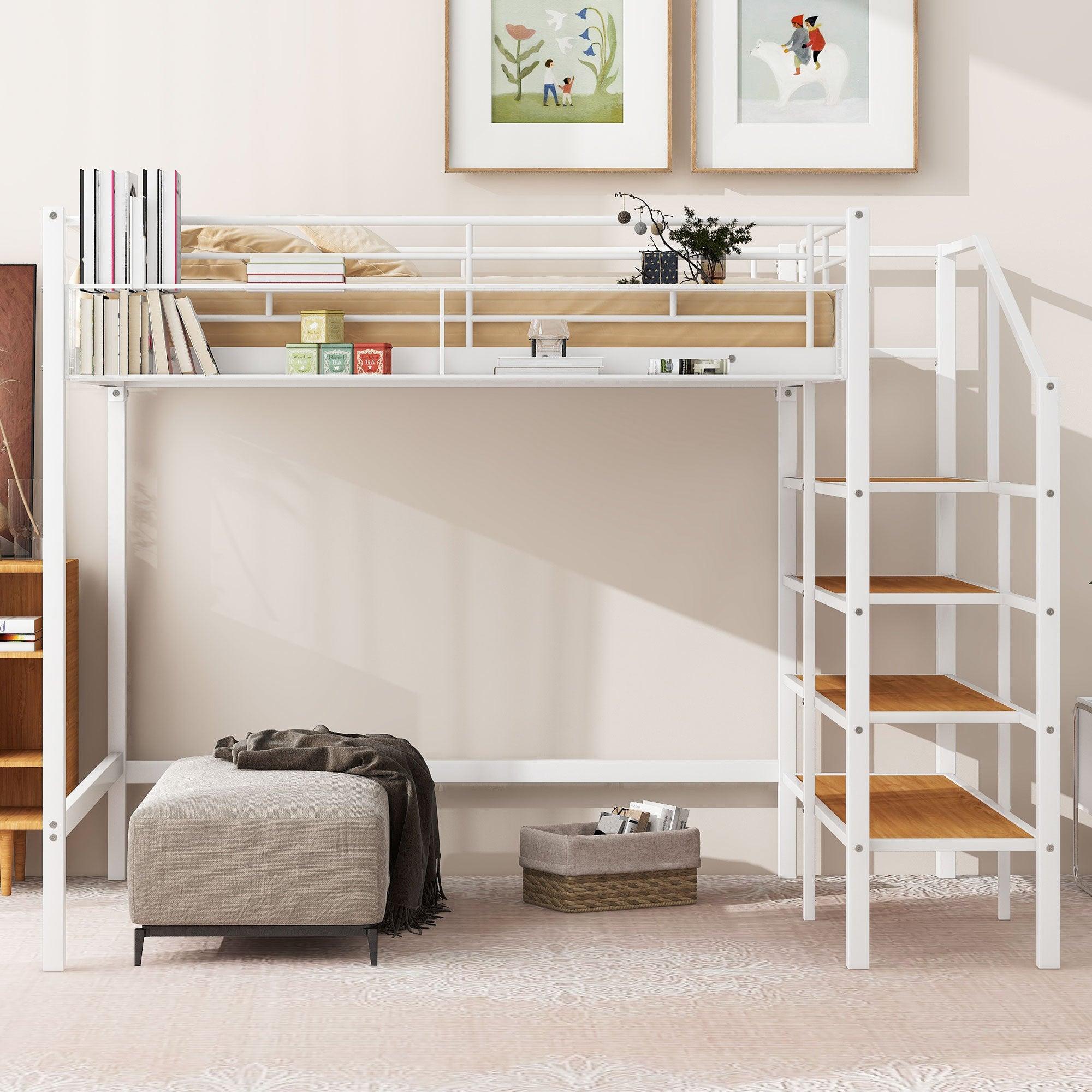 🆓🚛 Full Size Metal Loft Bed With Upper Grid Storage Shelf & Lateral Storage Ladder, White