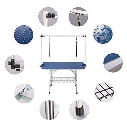 Folding Pet Grooming Table Stainless Legs and Arms Black Rubber Top Storage Basket