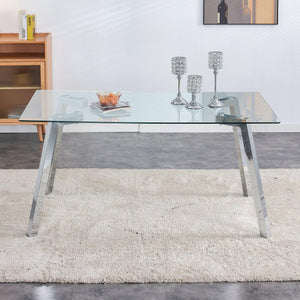 A Modern Minimalist Rectangular Glass Dining Table With Tempered Glass Tabletop And Silver Metal Legs, Suitable For Kitchens, Restaurants, And Living Rooms, 63"*35.4"*30"