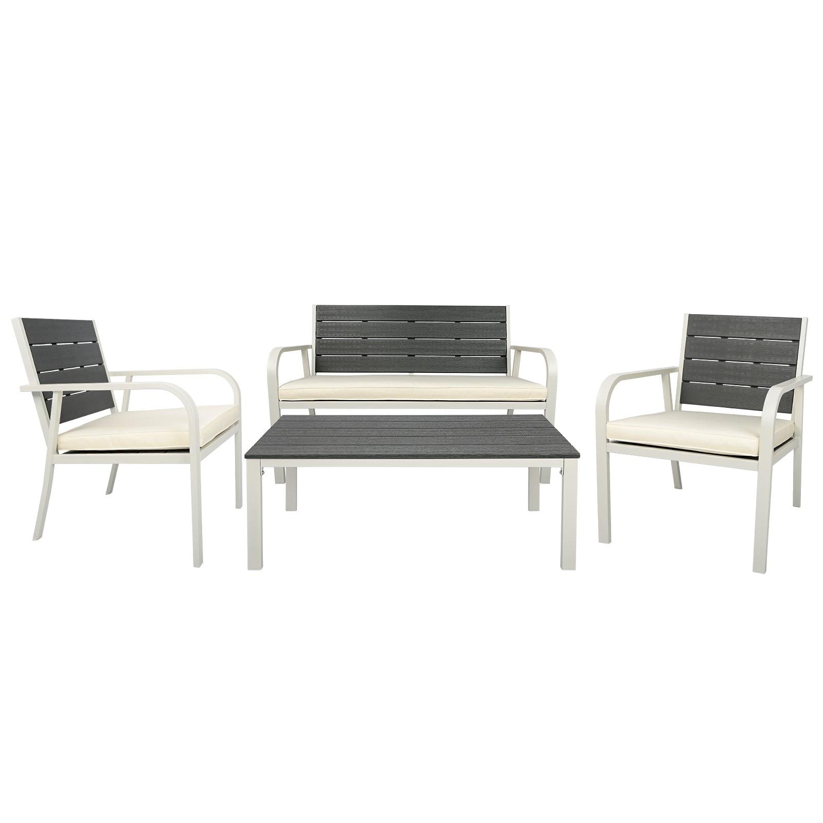 🆓🚛 4 Pieces Patio Garden Sofa Conversation Set Wood Grain Design Pe Steel Frame Loveseat All Weather Outdoor Furniture Set With Cushions Coffee Table for Backyard Balcony Lawn White