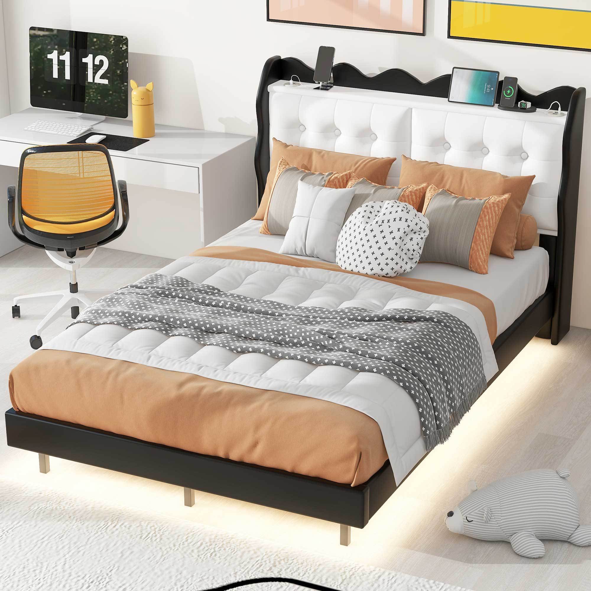 🆓🚛 Full Size Upholstery Platform Bed Frame With Led Light Strips and Built-In Storage Space, Black