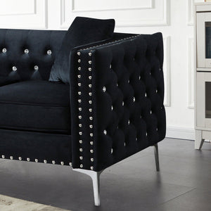 59.4 Inch Wide Black Velvet Sofa With Jeweled Buttons, Square Arm, 2 Pillows LamCham