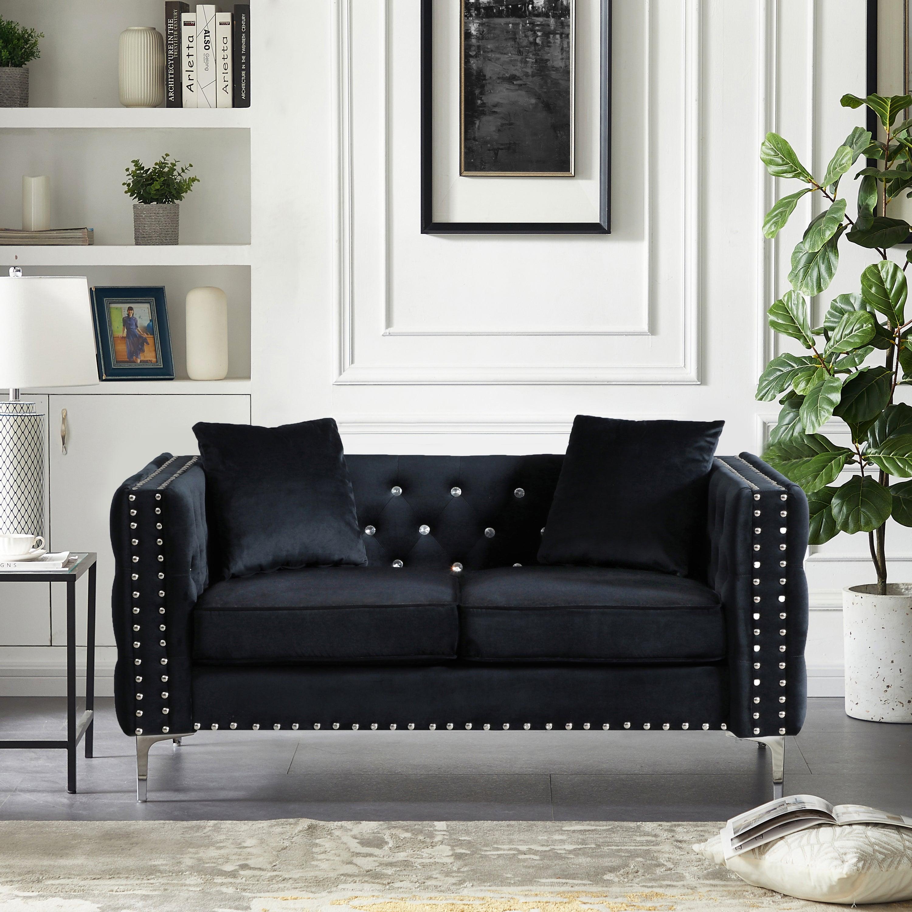 59.4 Inch Wide Black Velvet Sofa With Jeweled Buttons, Square Arm, 2 Pillows LamCham