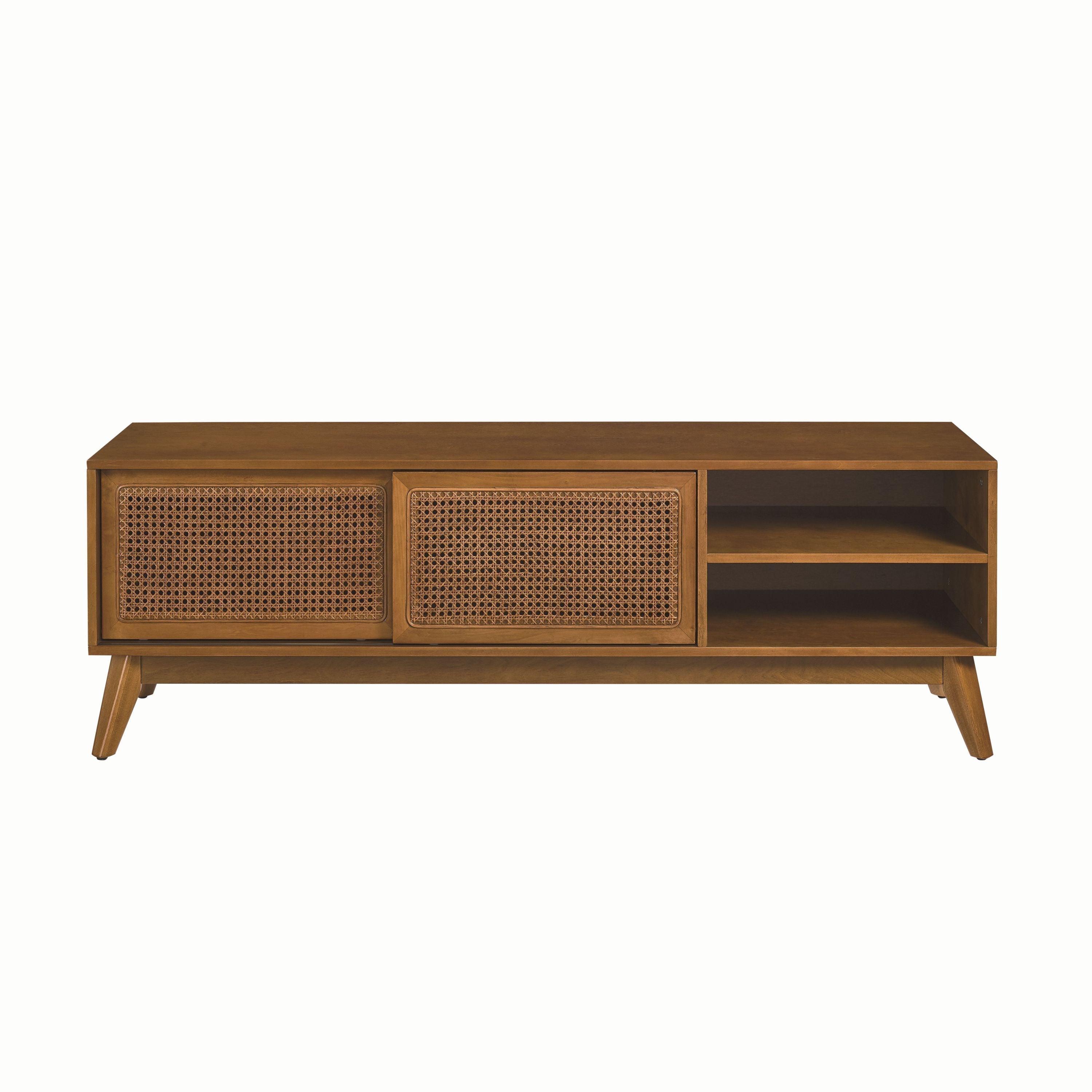 59 Inch Mid Century Modern Rattan TV Stand for 65 Inch TV, Entertainment Cabinet, Media Console, Light Wood LamCham