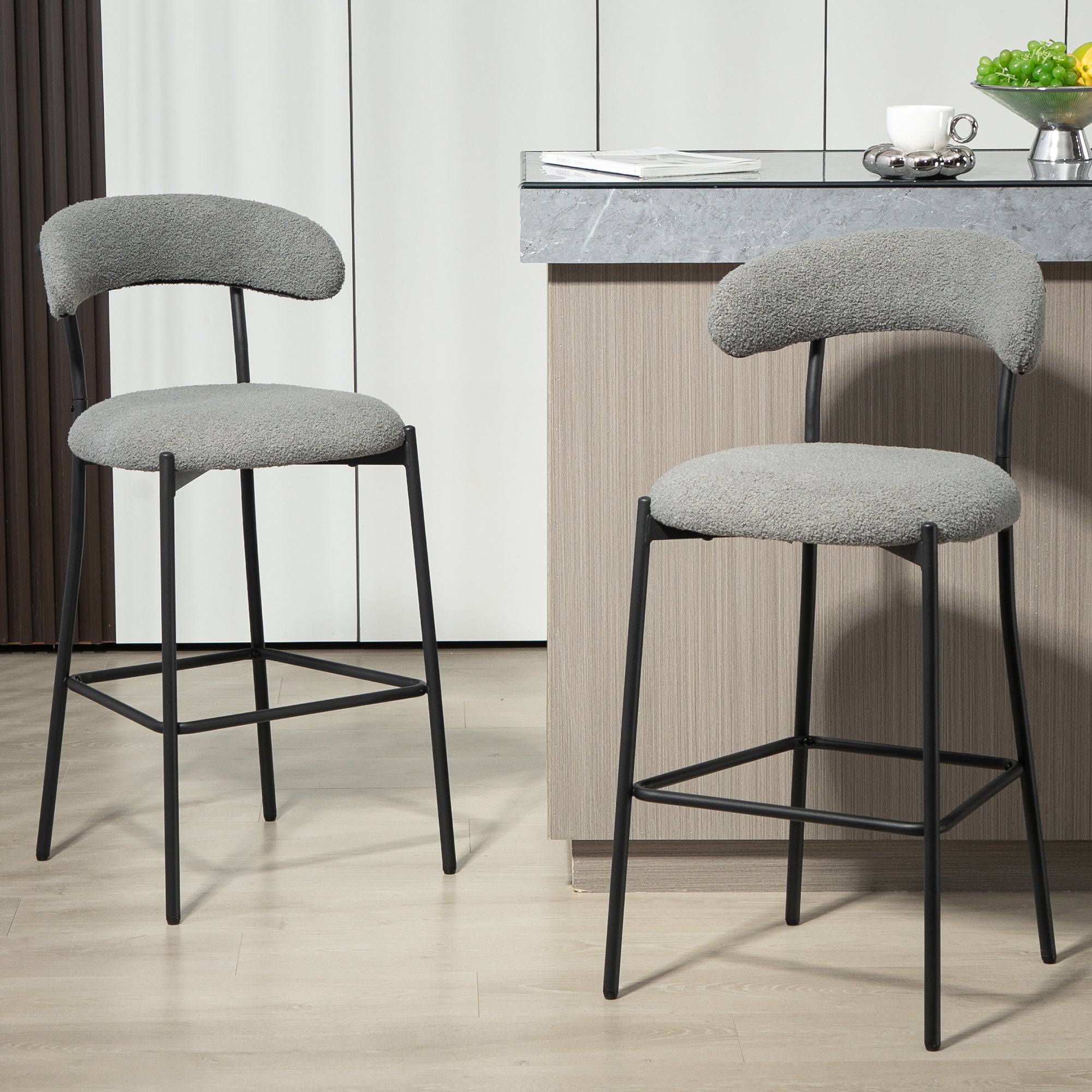 26'' Counter Height Bar Stools Teddy Fabric Cover Kitchen Island Counter Bar Stool With Black Powder Coating Base and Footrest(Gray)