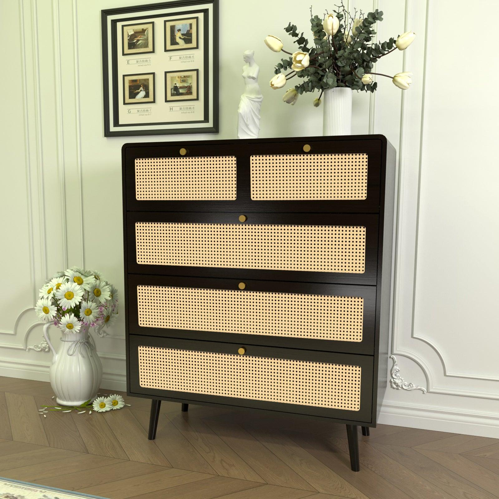 🆓🚛 4 Drawer Dresser, Modern Rattan Dresser Chest With Wide Drawers & Metal Handles, Farmhouse Wood Storage Chest of Drawers for Bedroom, Living Room, Hallway, Entryway