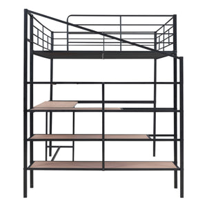 Full Size Metal Loft Bed with Desk and Lateral Storage Ladder, Black