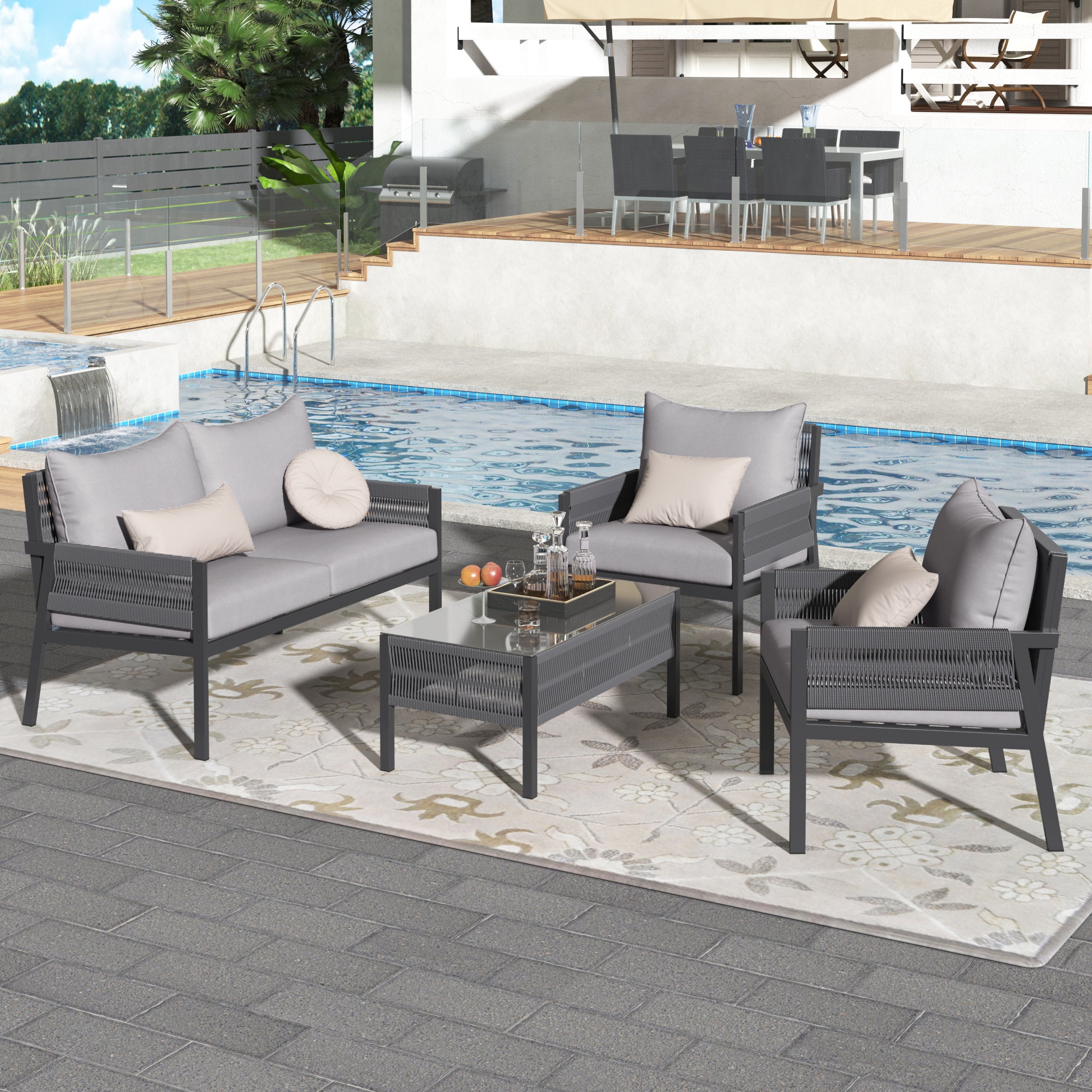 🆓🚛 4-Piece Patio Conversation Set, Outdoor Furniture with Tempered Glass Table, Deep Seating with Thick Cushion for Backyard Porch Balcony, Gray