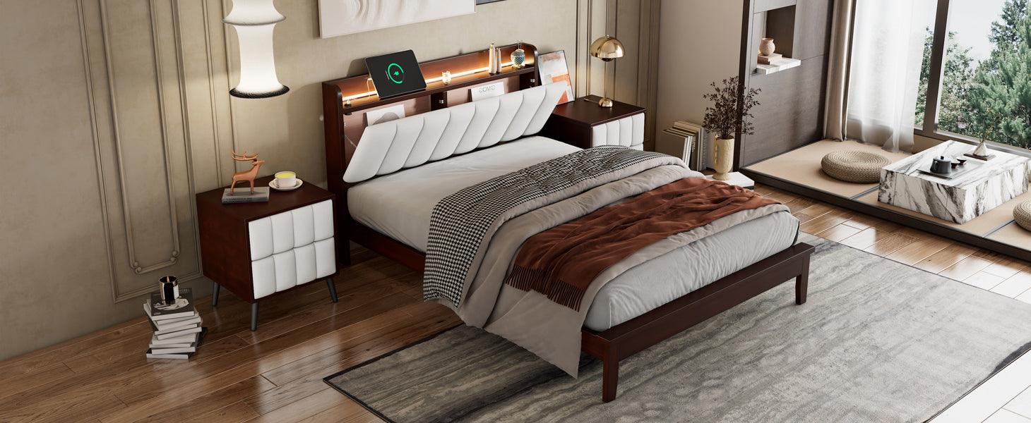 Full size Platform Bed with USB Charging Station and Storage Upholstered Headboard, LED Bed Frame, No Box Spring Needed, Walnut+Beige