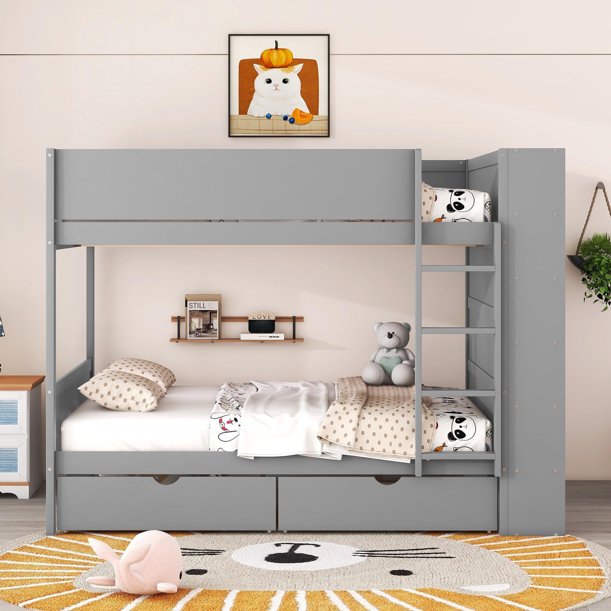 🆓🚛 Full Over Full Bunk Bed With 2 Drawers & Multi-Layer Cabinet, Gray