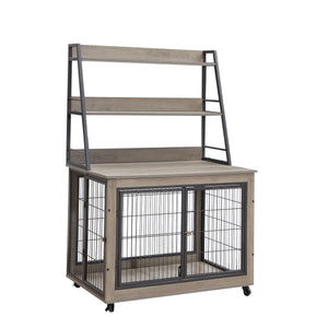 Furniture Style Dog Crate Side Table With Shelves, Equipped With Double Doors And A Raised Roof. Grey, 38.58 ''W X 25.5 ''D X 57 ''H