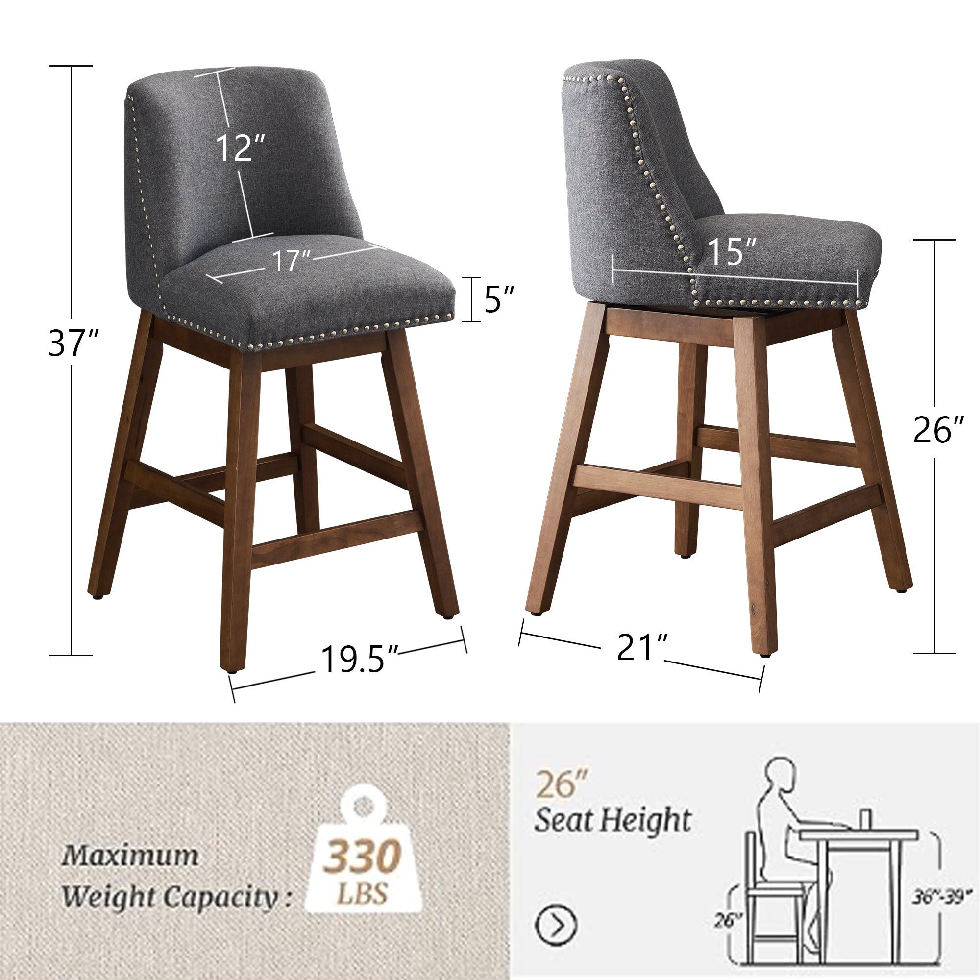 26" Upholstered Swivel Bar Stools Set of 2, Modern Linen Fabric High Back Counter Stools with Nail Head Design and Wood Frame