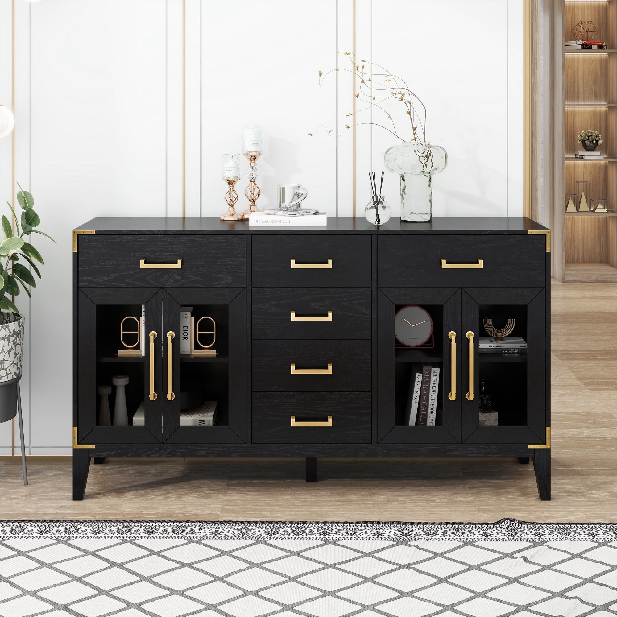 🆓🚛 6-Drawer & 2-Cabinet Retro Sideboard With Extra Large Storage Space, With Gold Handles & Solid Wood Legs, for Kitchen & Living Room, Black