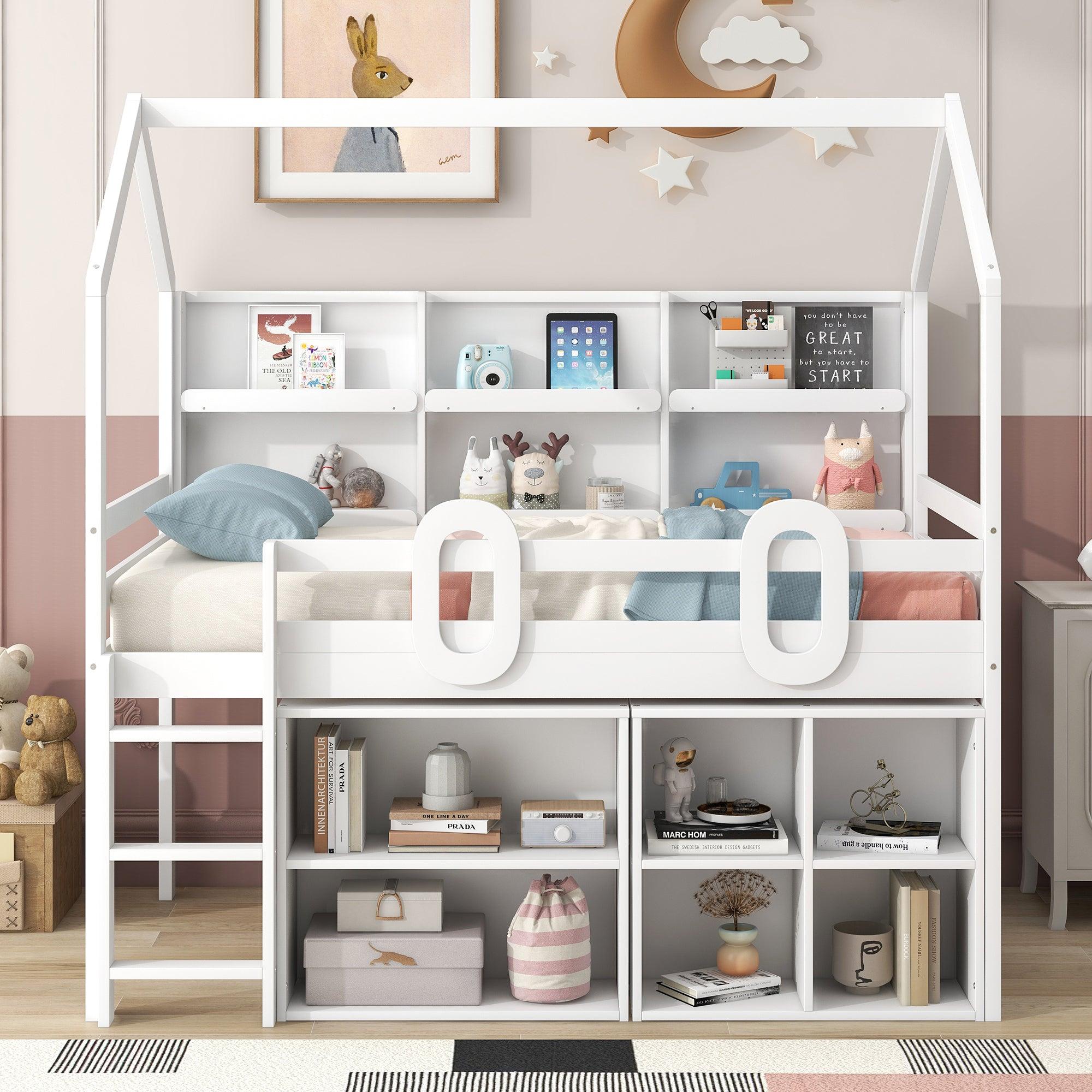 🆓🚛 Twin Size House Loft Bed With Multiple Storage Shelves, White