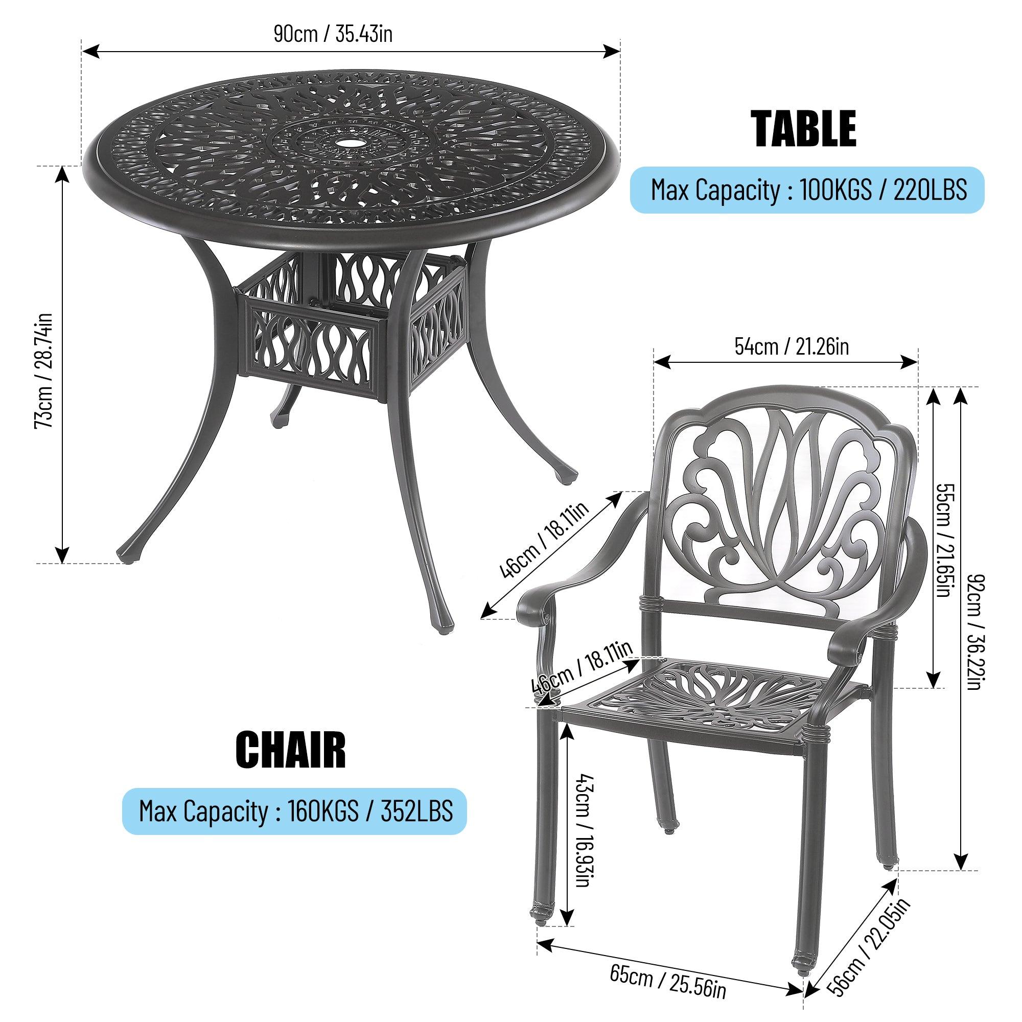 5PCS Outdoor Furniture Dining Table Set All-Weather Cast Aluminum Patio Furniture Includes 1 Round Table And 4 Chairs With Umbrella Hole For Patio Garden Deck, Lattice Weave Design, BLACK COLOR LamCham