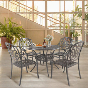 5PCS Outdoor Furniture Dining Table Set All-Weather Cast Aluminum Patio Furniture Includes 1 Round Table And 4 Chairs With Umbrella Hole For Patio Garden Deck, Lattice Weave Design, BLACK COLOR LamCham