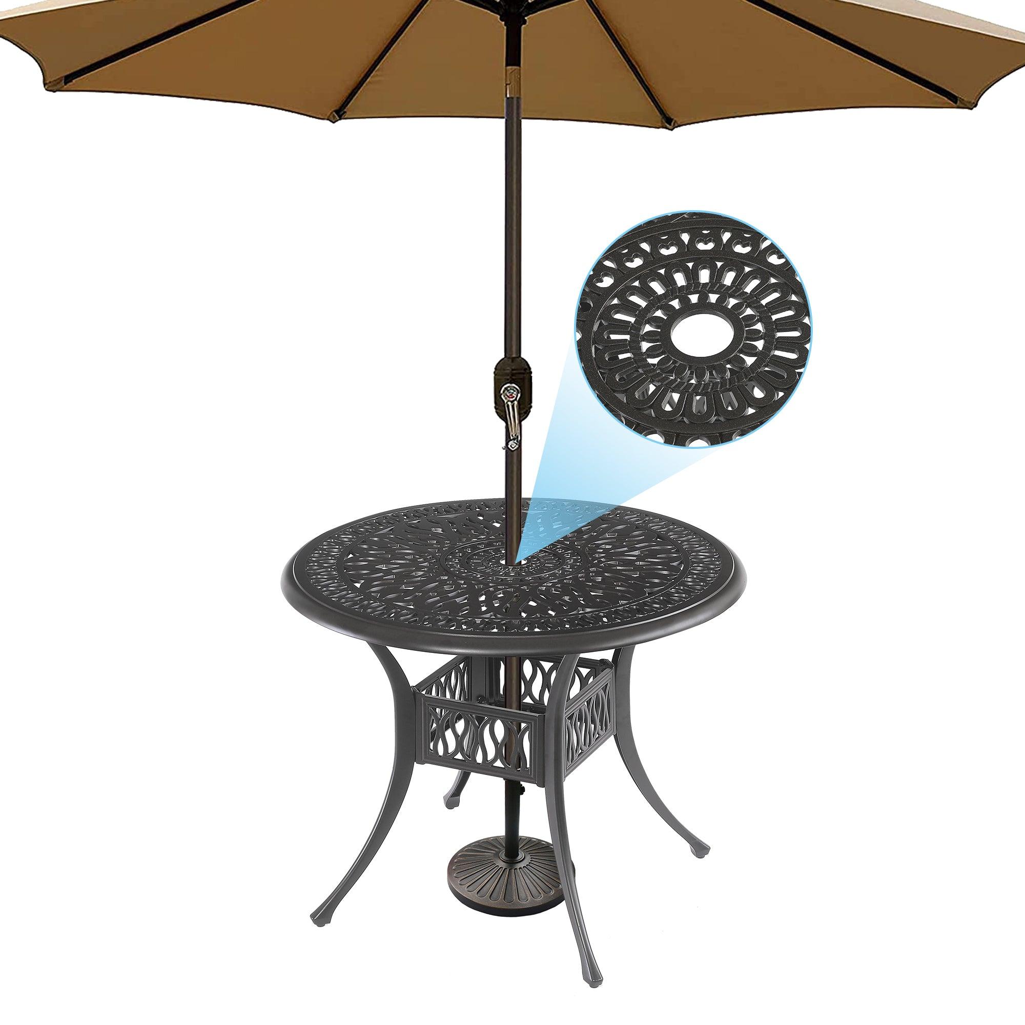 5PCS Outdoor Furniture Dining Table Set All-Weather Cast Aluminum Patio Furniture Includes 1 Round Table And 4 Chairs With Umbrella Hole For Patio Garden Deck, Lattice Weave Design, BLACK COLOR LamCham