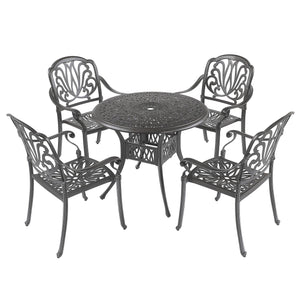 5PCS Outdoor Furniture Dining Table Set All-Weather Cast Aluminum Patio Furniture Includes 1 Round Table And 4 Chairs With Umbrella Hole For Patio Garden Deck, Lattice Weave Design, BLACK COLOR LamCham