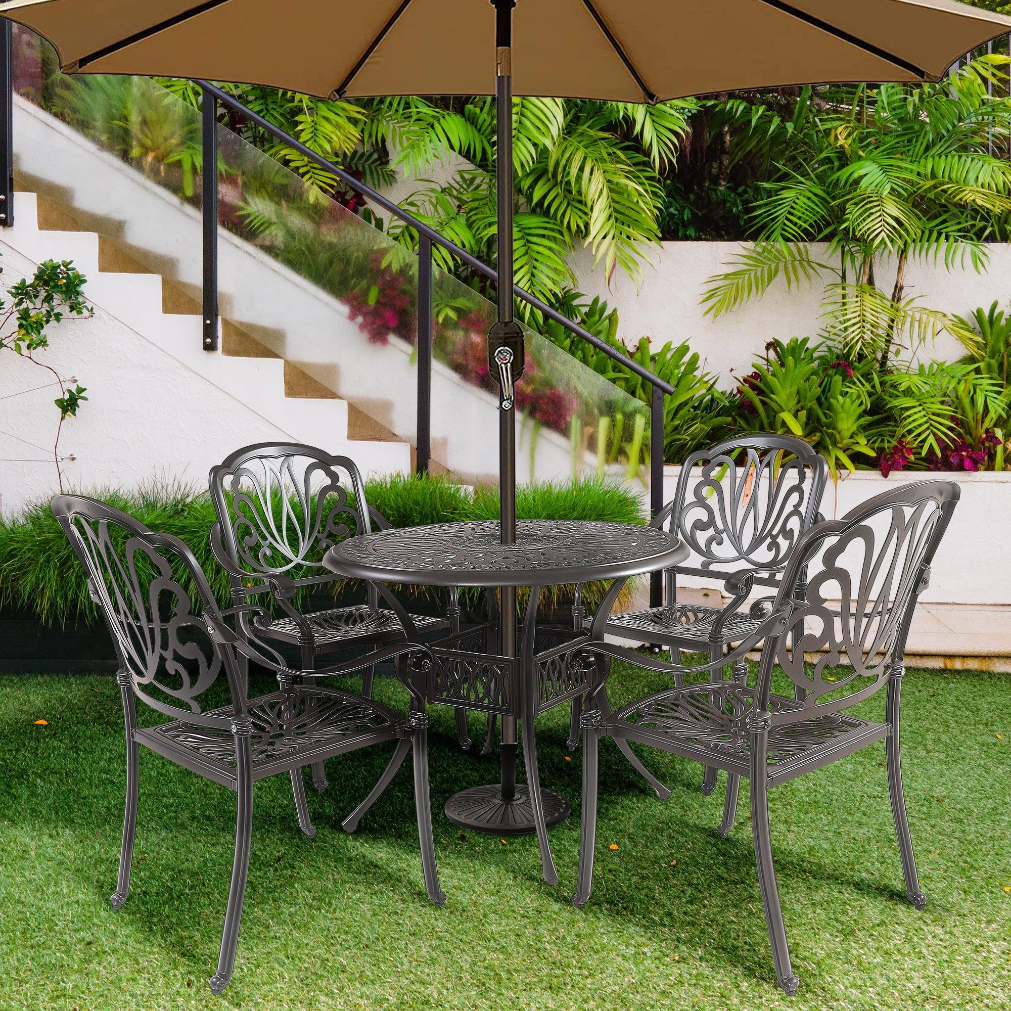 5PCS Outdoor Furniture Dining Table Set All-Weather Cast Aluminum Patio Furniture Includes 1 Round Table And 4 Chairs With Umbrella Hole For Patio Garden Deck, Lattice Weave Design, BLACK COLOR LamCham