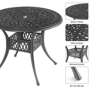 5PCS Outdoor Furniture Dining Table Set All-Weather Cast Aluminum Patio Furniture Includes 1 Round Table And 4 Chairs With Umbrella Hole For Patio Garden Deck, Lattice Weave Design, BLACK COLOR LamCham