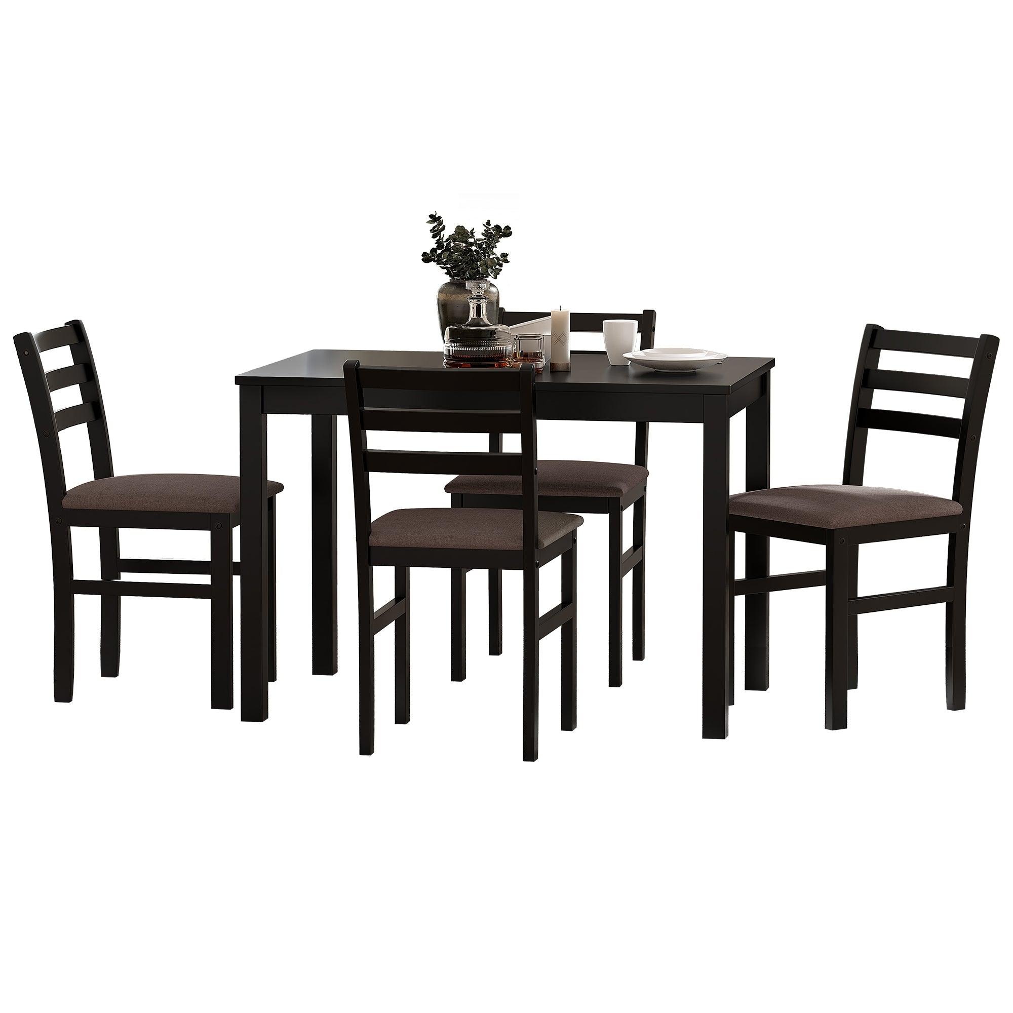 5PCS Stylish Dining Table Set 4 Upholstered Chairs with Ladder Back Design for Dining Room Kitchen Brown Cushion and Black LamCham