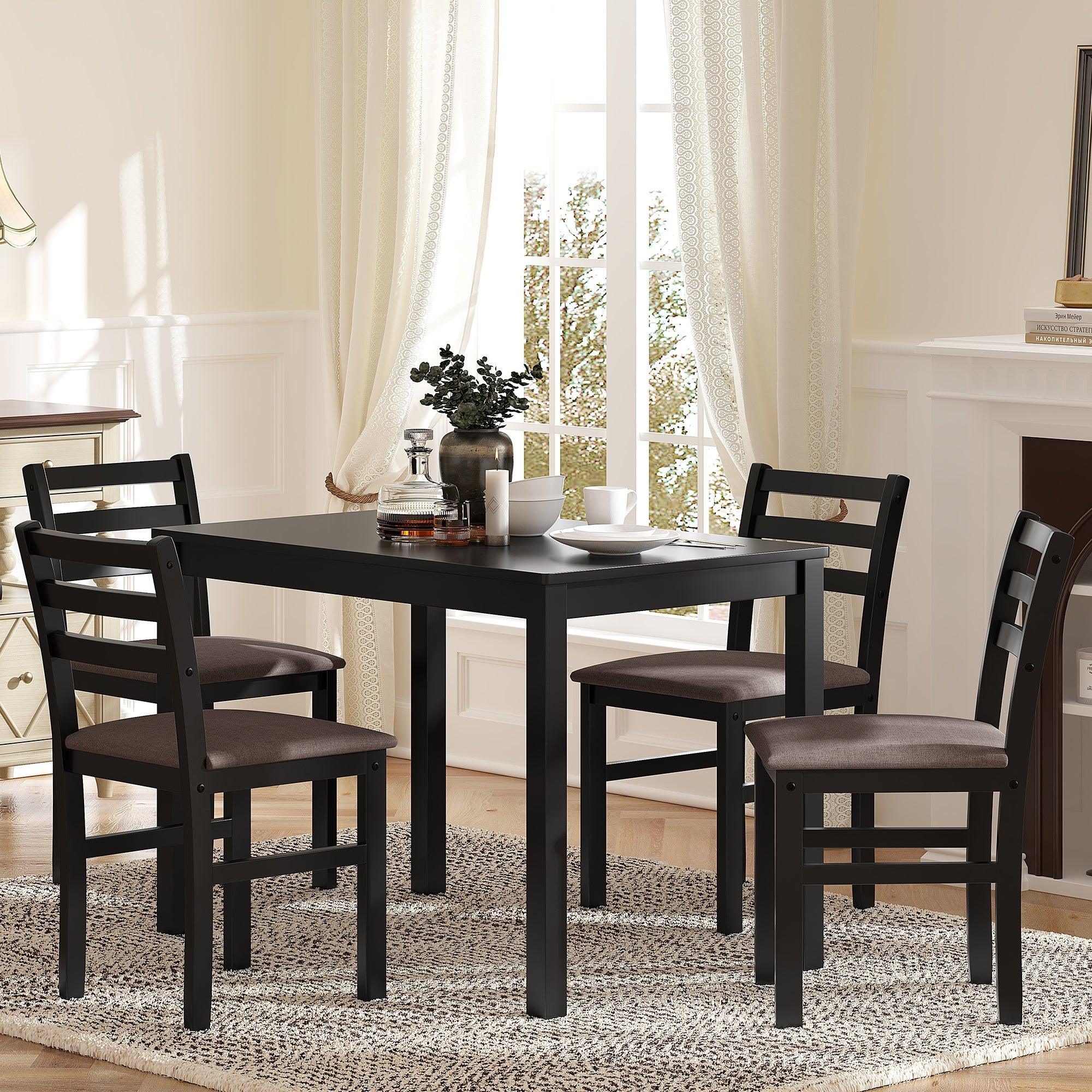 5PCS Stylish Dining Table Set 4 Upholstered Chairs with Ladder Back Design for Dining Room Kitchen Brown Cushion and Black LamCham