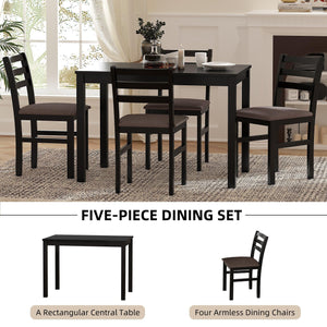 5PCS Stylish Dining Table Set 4 Upholstered Chairs with Ladder Back Design for Dining Room Kitchen Brown Cushion and Black LamCham